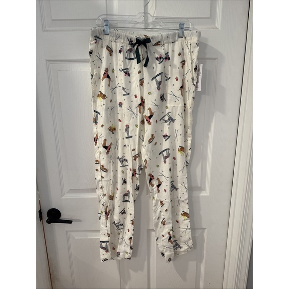 Joyspun Other - Joyspun Womens Sz Large (12-14) White Skiing Dog Printed Woven Pajama Pants NEW